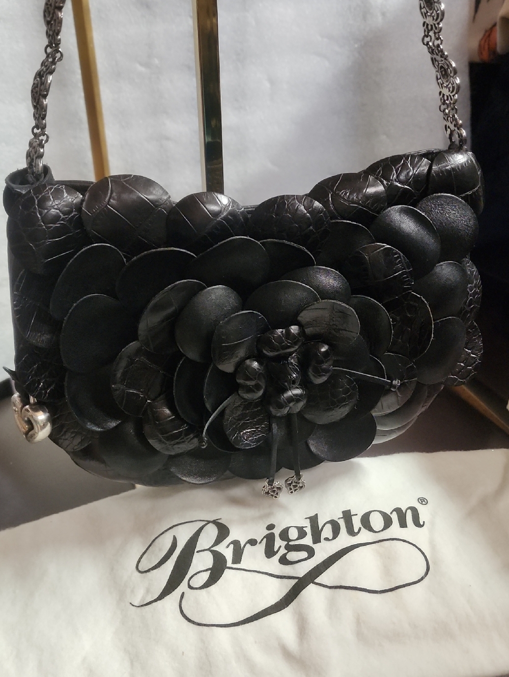 Brighton Retired Rosalie Black Floral Appliqué Leather Shoulder Bag Euc